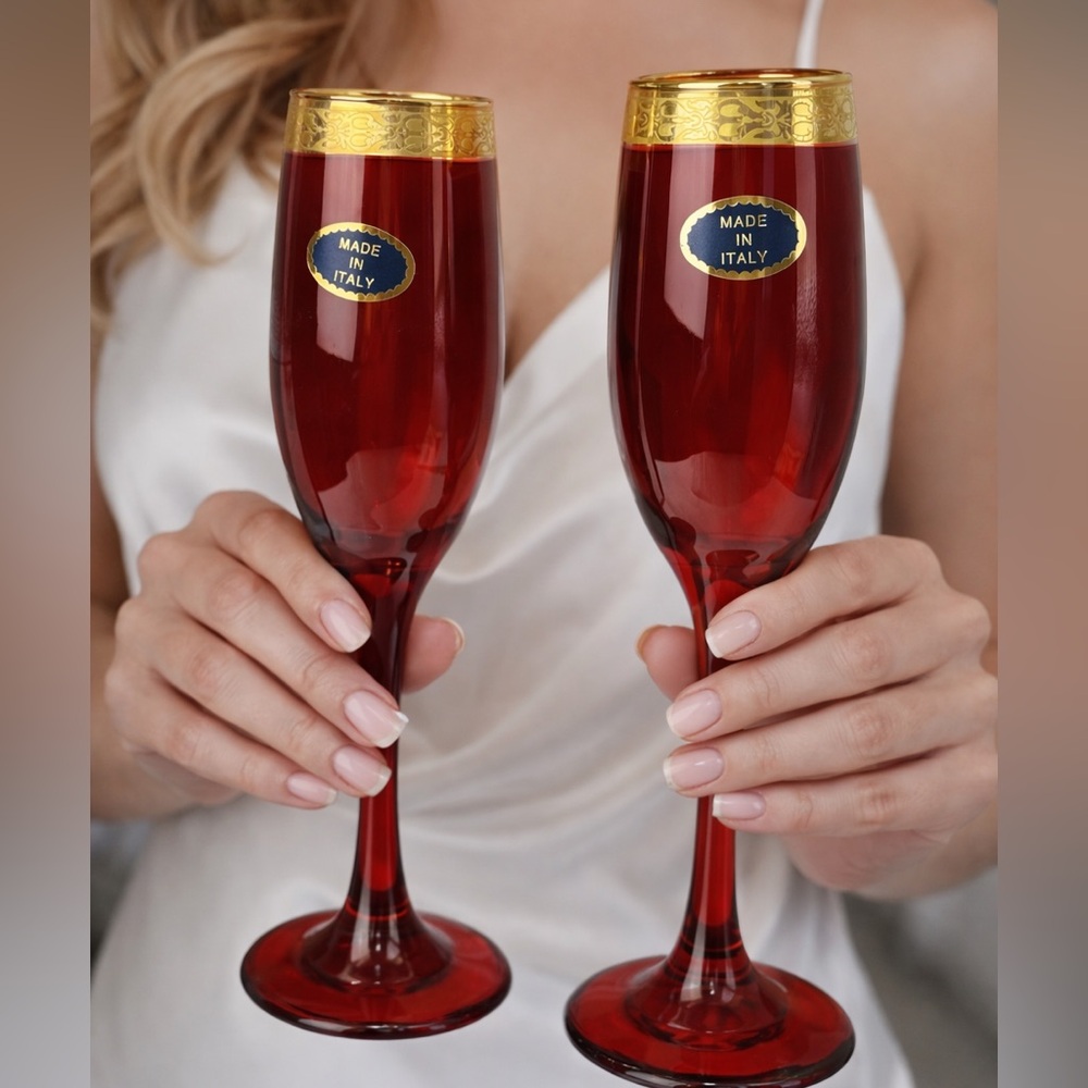 Pair of Red Italian Champagne Flutes with Gold Trim
